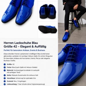 Blaue Herren Lackschuhe mit glänzender Patent-Oberfläche und eleganter klassischer Silhouette.