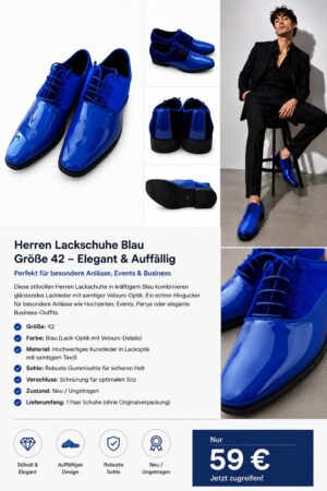 Blaue Herren Lackschuhe mit glänzender Patent-Oberfläche und eleganter klassischer Silhouette.