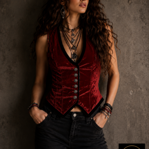 Dame in bordeauxfarbener Samtweste im Vintage-Look mit weicher Velvet-Optik und figurbetonter Silhouette.