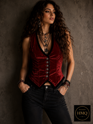 Dame in bordeauxfarbener Samtweste im Vintage-Look mit weicher Velvet-Optik und figurbetonter Silhouette.