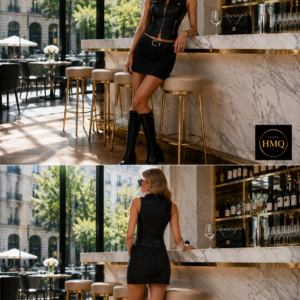 Dame in schwarzer Leather-Look Weste mit markanten Reißverschlussdetails und moderner Statement-Silhouette.