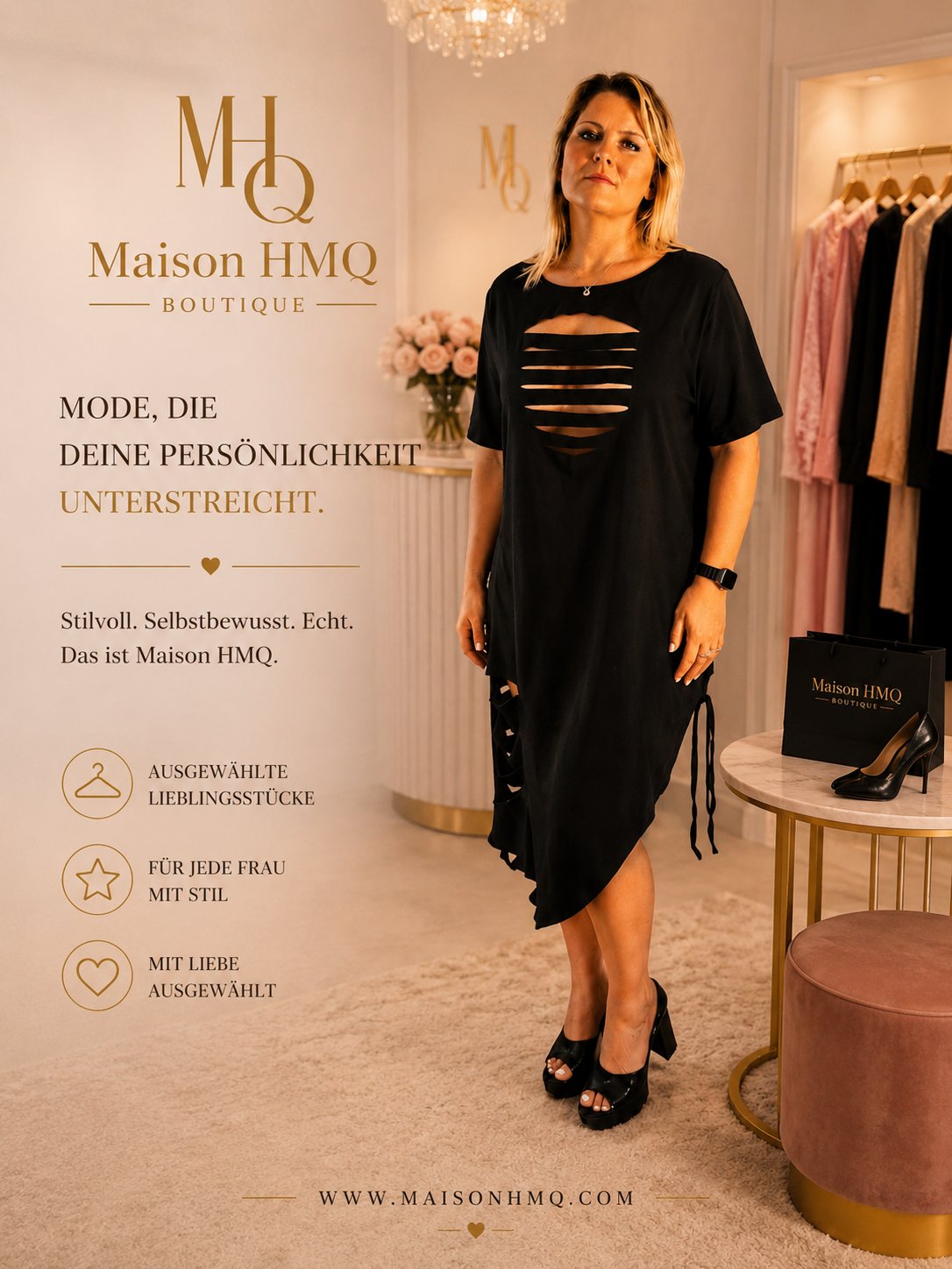 Maison HMQ Schwarzes Cut-Out Kleid XL – Boutique Fashion Look Maison HMQ schwarzes Cut-Out Kleid XL mit asymmetrischem Schnitt im Boutique Fashion Look.